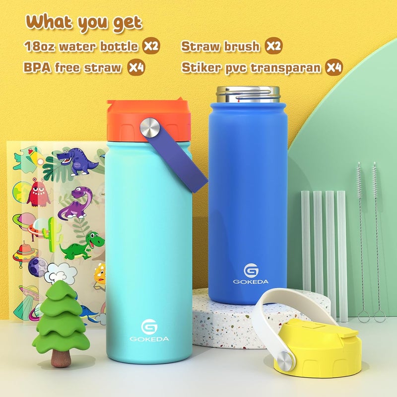 GOKEDA 18oz Kids Water Bottle, 2 Pack Insulated Bottles with Stickers, 18/8 Stainless Steel Vacuum Leak Proof Straw Cup for School, Gifts for Boys Girls(Yellowe+Orange) - Image 3